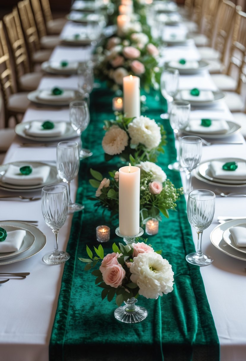 A wedding table set with emerald green velvet runners, white plates, crystal glasses, silver cutlery, floral arrangements, and candles.