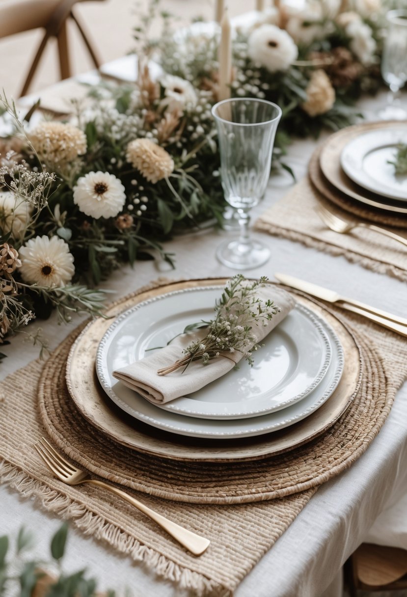 A wedding table set with textured placemats, vintage chargers, white plates, floral arrangements, and glassware.