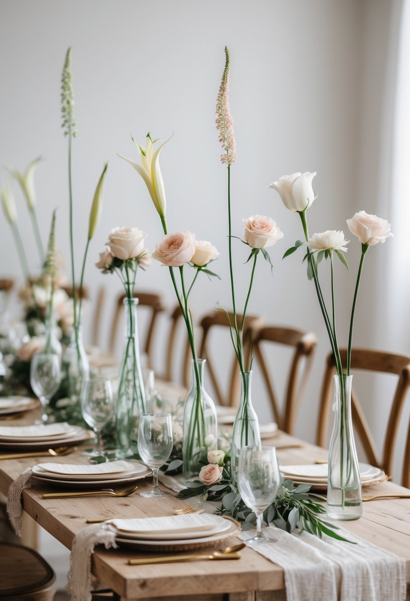 A wedding table with simple long-stem flower centerpieces arranged on a wooden table with neutral linens and greenery accents.