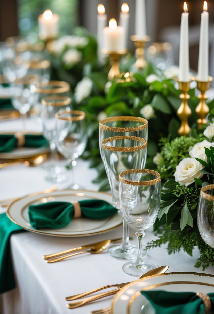 A wedding table set with gold-rimmed glassware, emerald green napkins, white plates, and green floral centerpieces.