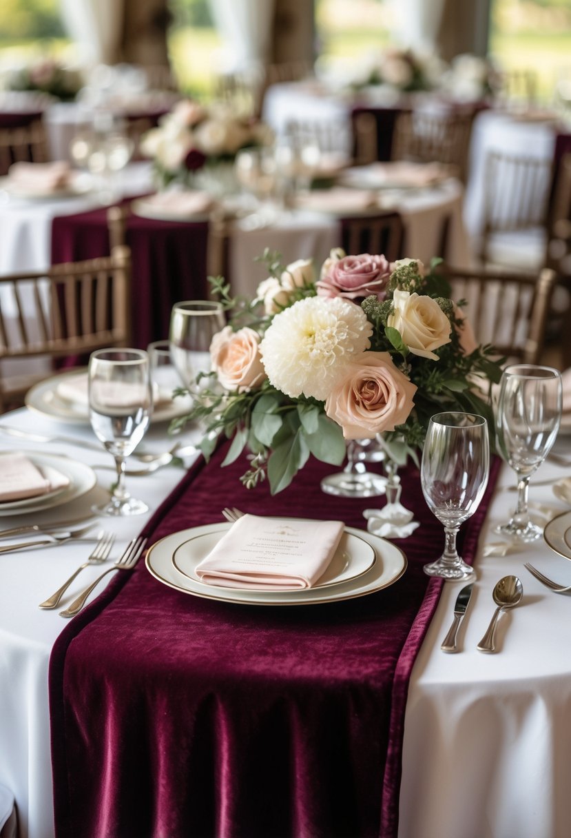 Wedding tables set with burgundy velvet runners, floral centerpieces, plates, glasses, and silverware.