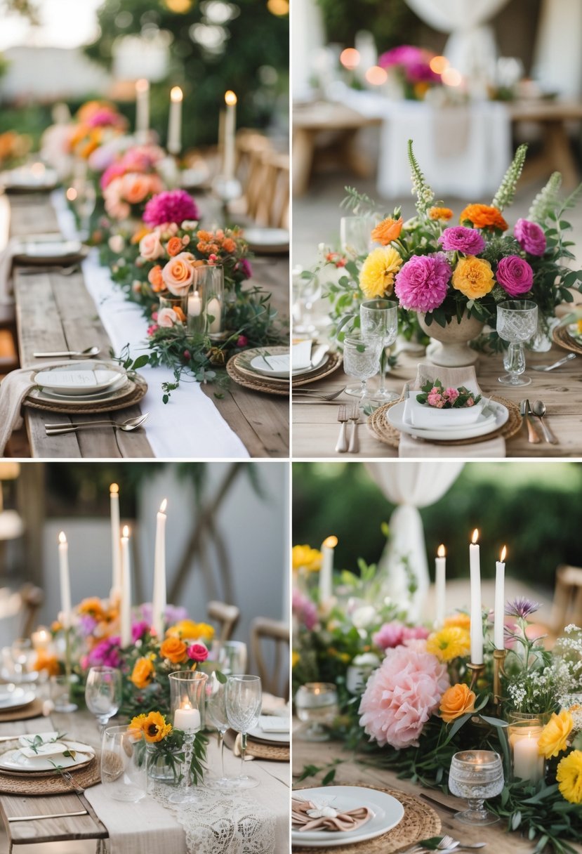A set of wedding tables decorated with colorful low floral centerpieces, candles, and tableware arranged for a celebration.