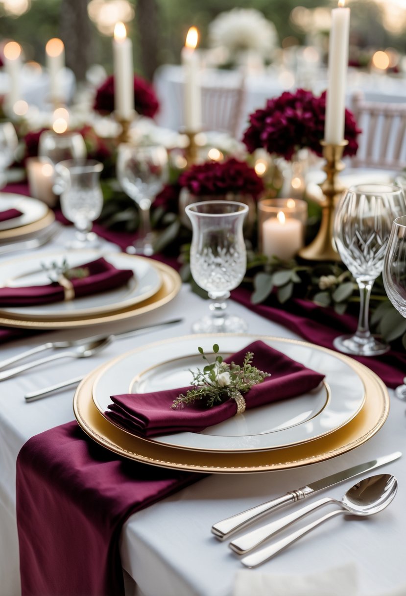 A wedding table set with gold-rimmed white plates and burgundy decorations including napkins and flowers.