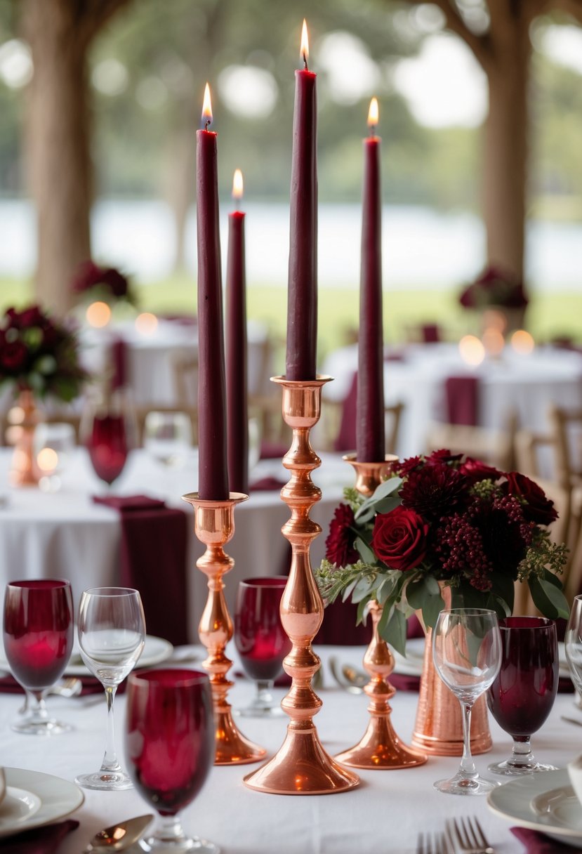 A wedding table set with copper candleholders holding burgundy candles surrounded by burgundy flowers and table linens.