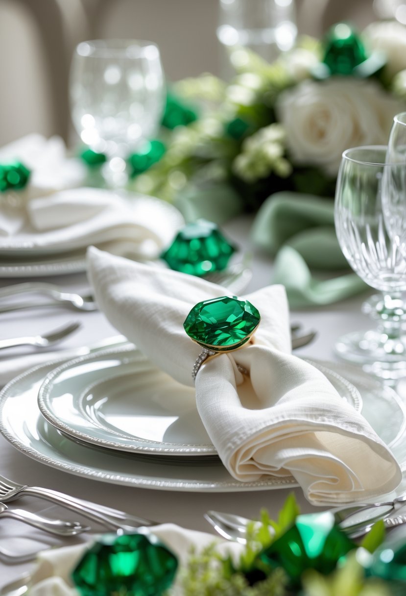 A wedding table setting with ivory linen napkins decorated with emerald green rings, white plates, glassware, and silver cutlery.
