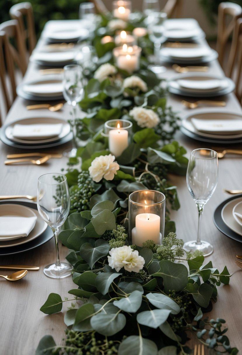 A wedding table decorated with green eucalyptus and ivy garlands, white flowers, candles, and elegant tableware.