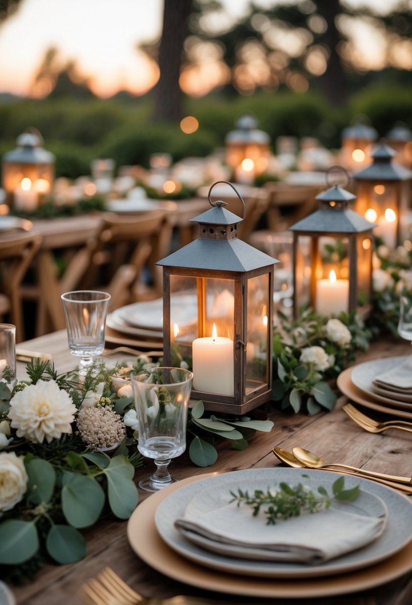 A wedding table with lit lanterns and candles providing warm lighting, surrounded by floral arrangements and tableware.
