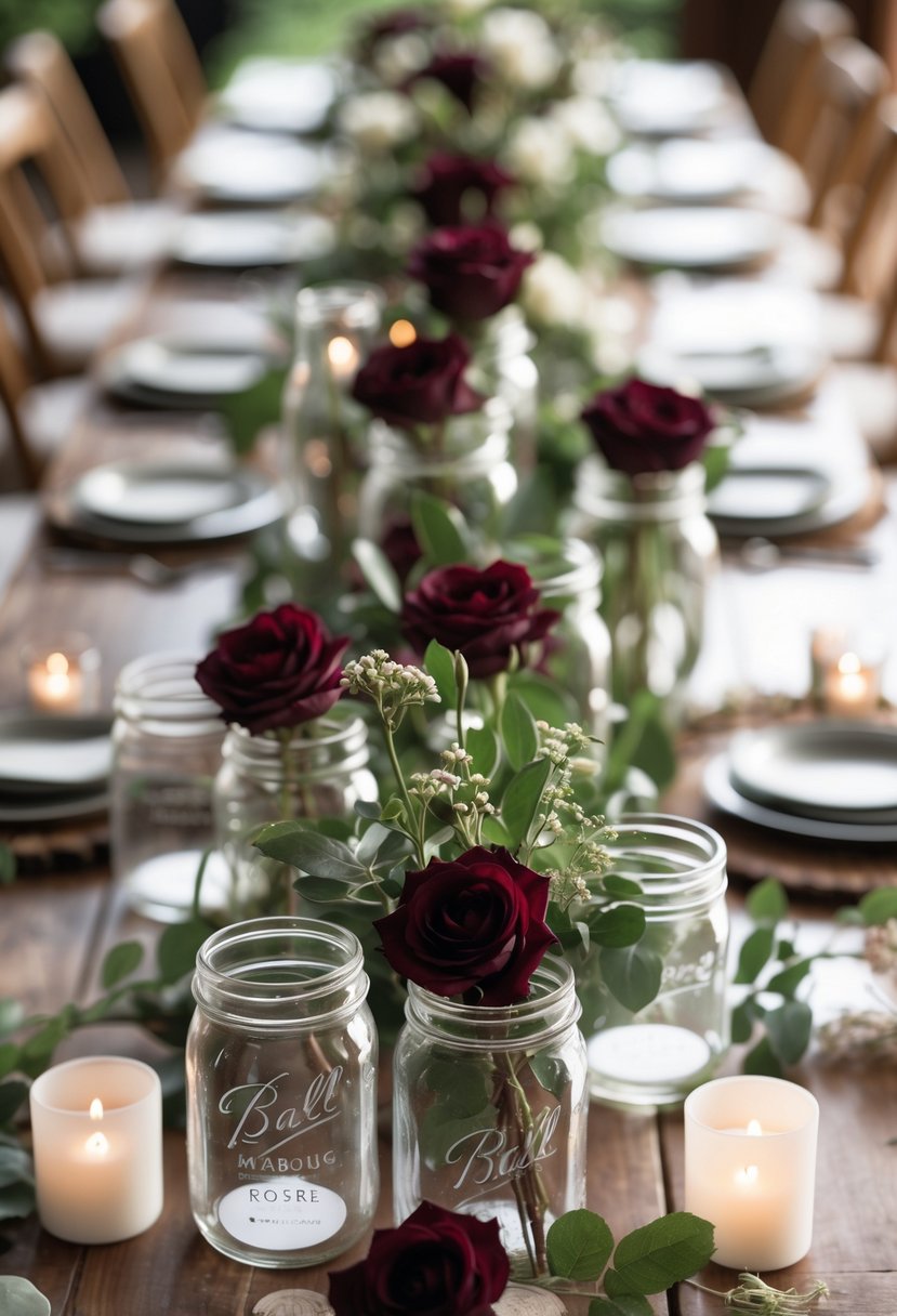 A wedding table decorated with Mason jars filled with burgundy roses and greenery.