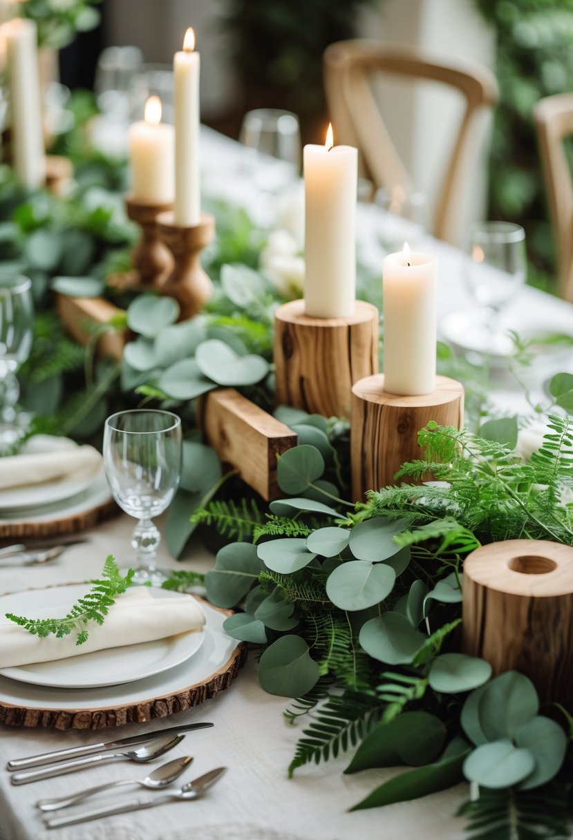 Wedding table with wooden centerpieces decorated with green leaves and elegant tableware.