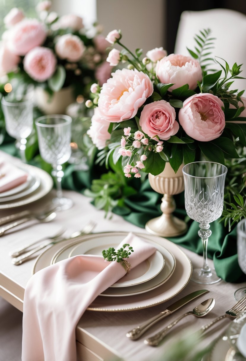 A wedding table set with blush pink flowers and emerald green decorations, including table linens, foliage, and elegant place settings.
