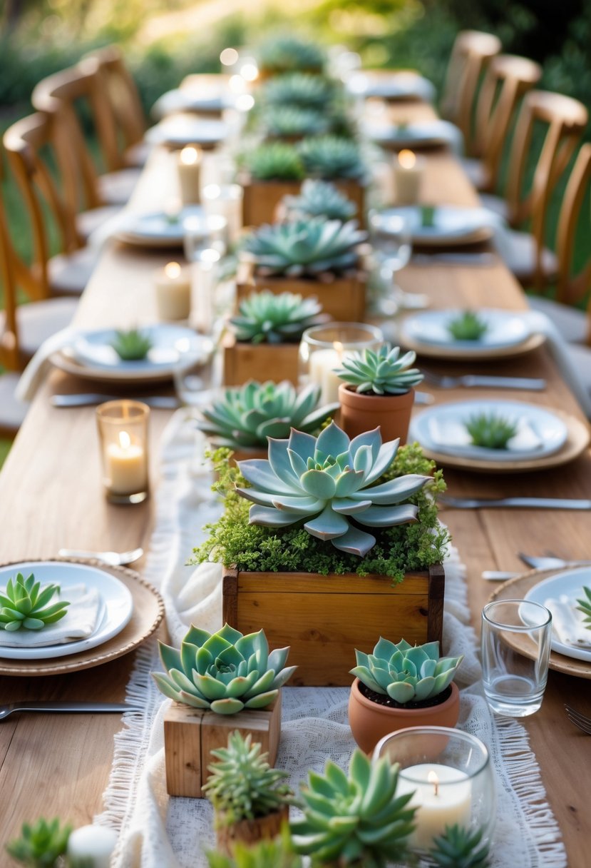 A wedding table set with multiple succulent plants arranged as centerpieces, surrounded by candles and rustic tableware on a wooden table.
