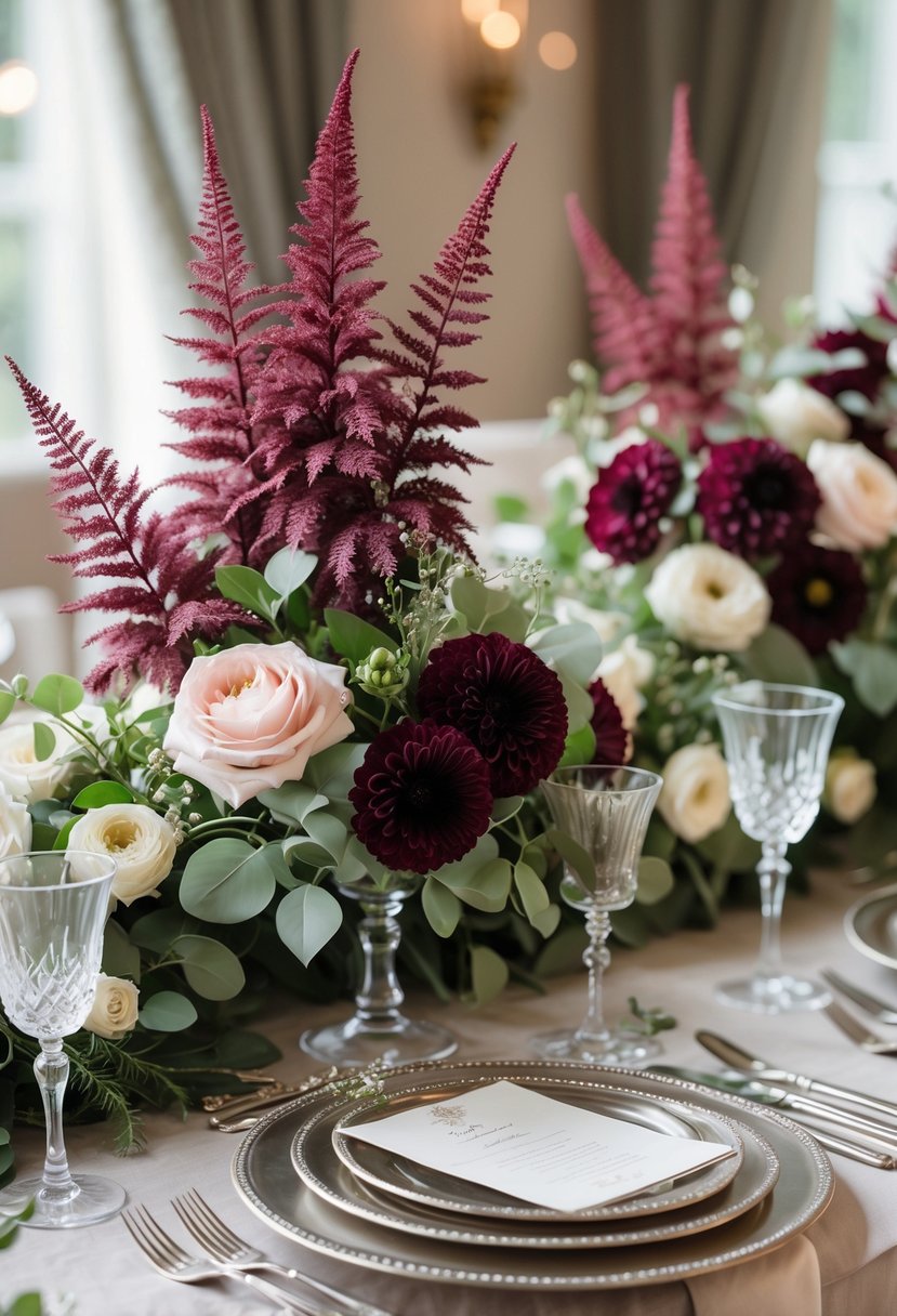 A wedding table with burgundy astilbe and ranunculus floral centerpieces surrounded by elegant tableware and soft greenery.