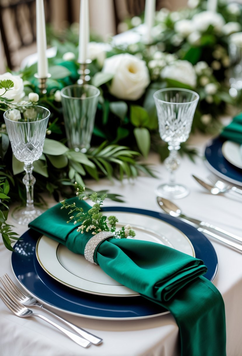 A wedding table set with navy blue charger plates, emerald green napkins, floral arrangements, and glassware on a white tablecloth.