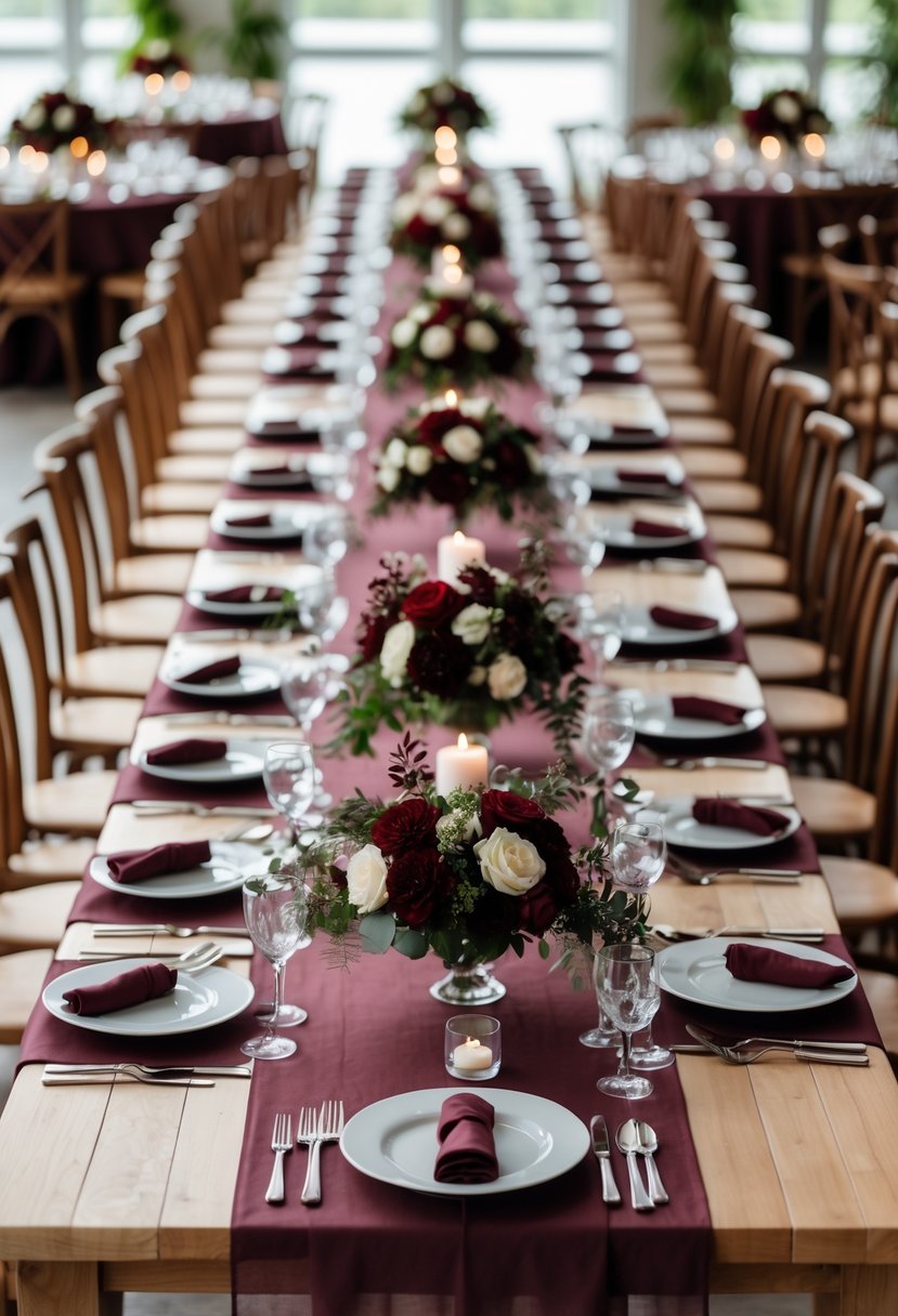 Long wooden tables with burgundy linen overlays set for a wedding, featuring elegant tableware and floral centerpieces.