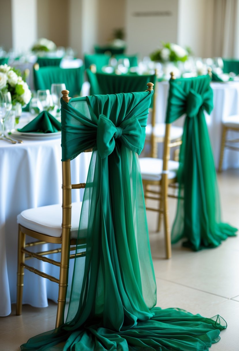 Wedding reception with tables and chairs decorated with emerald green chiffon sashes and matching green accents.