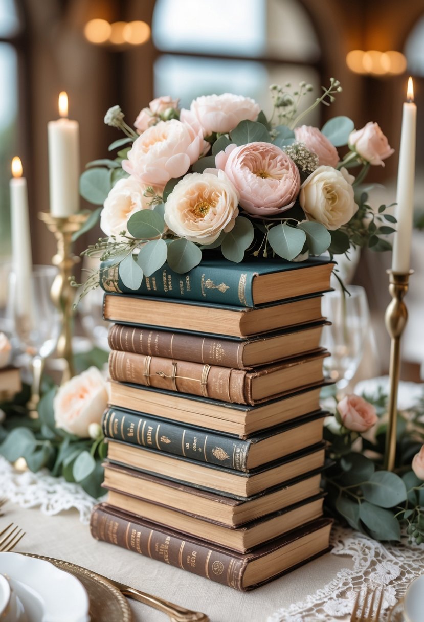 Wedding table with stacks of vintage books used as centerpiece bases, decorated with flowers, candles, and tableware.