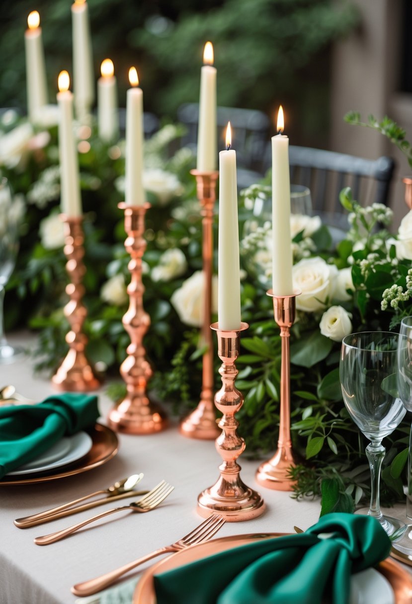 Wedding table set with copper candle holders, emerald green napkins, white flowers, and elegant tableware.