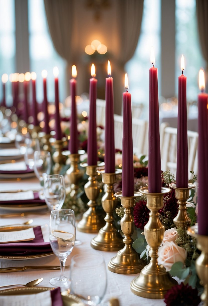 A wedding table set with tall burgundy taper candles in vintage brass holders surrounded by floral arrangements and glassware.