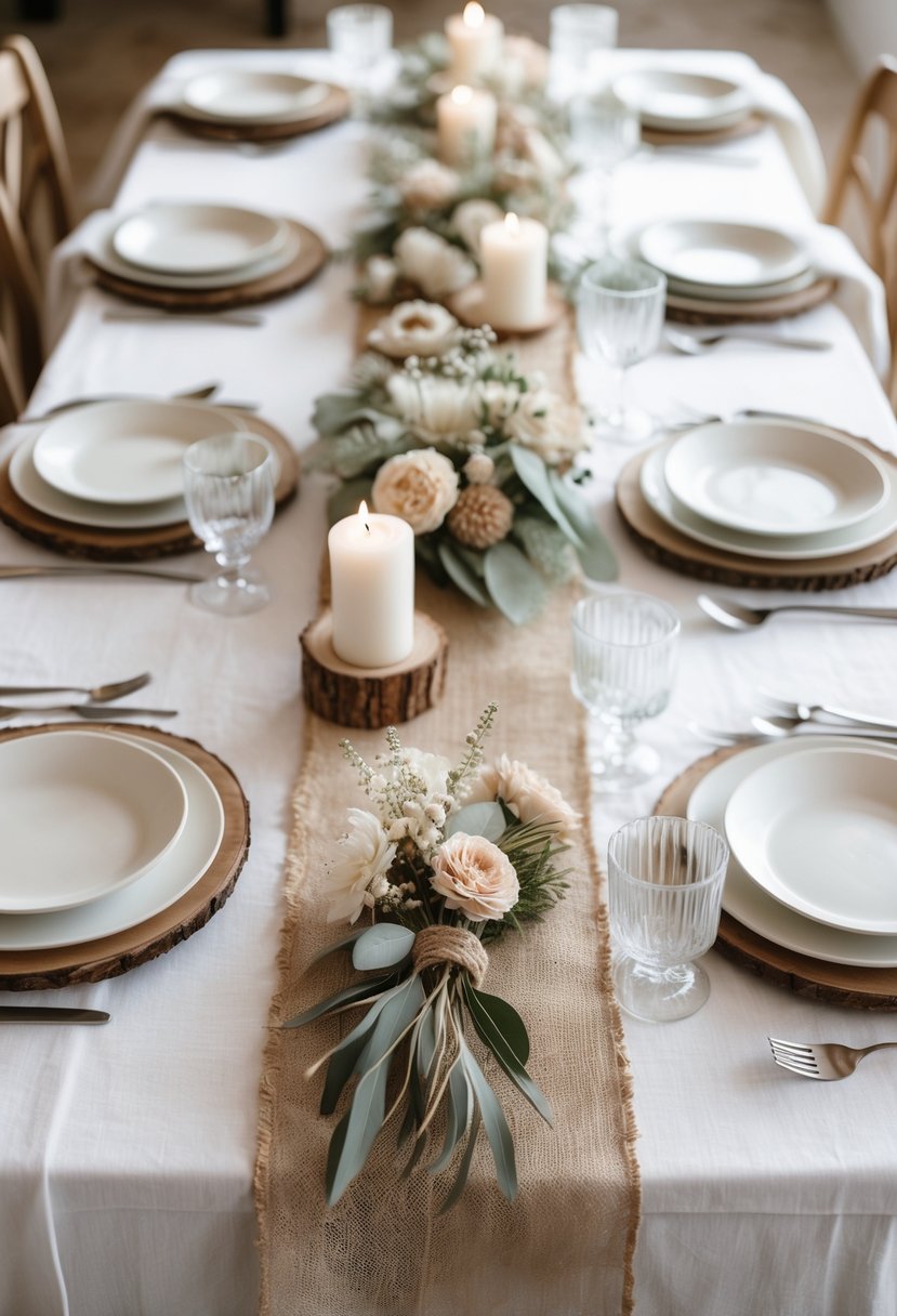 A wedding table set with burlap runners over white tablecloths, decorated with flowers, candles, plates, and glassware.
