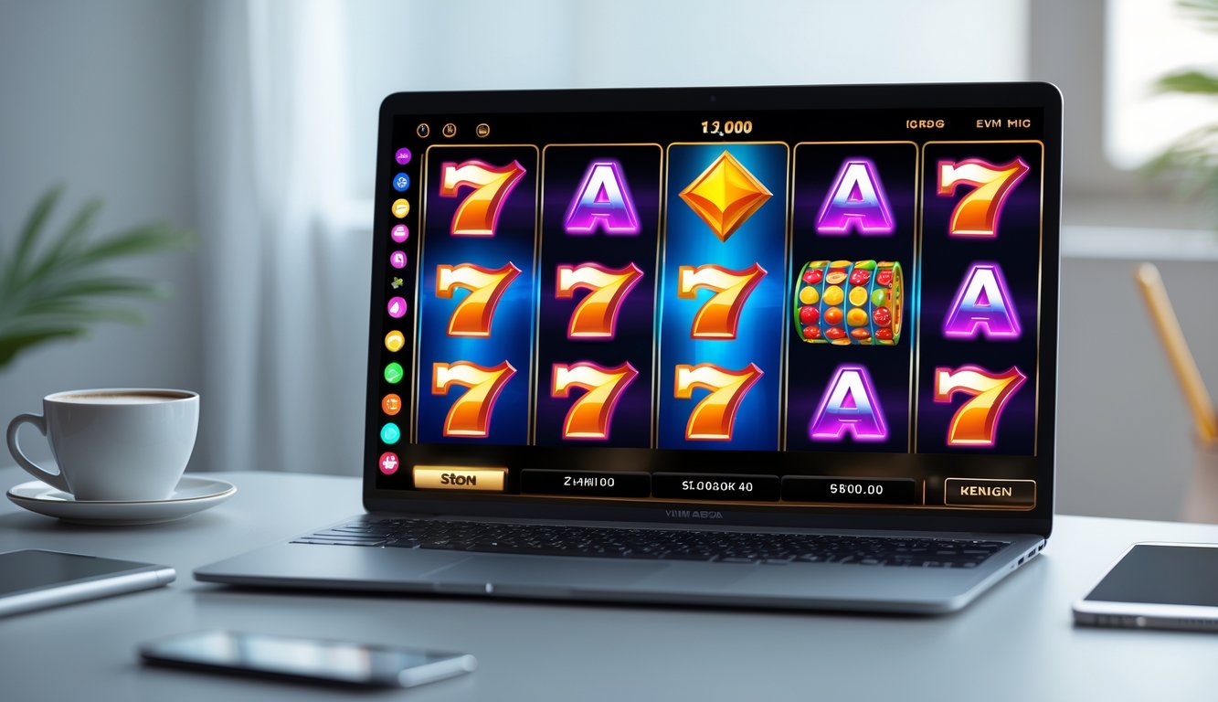 Seorang pengguna sedang melihat layar laptop dengan permainan slot online berwarna cerah di meja kerja yang rapi.