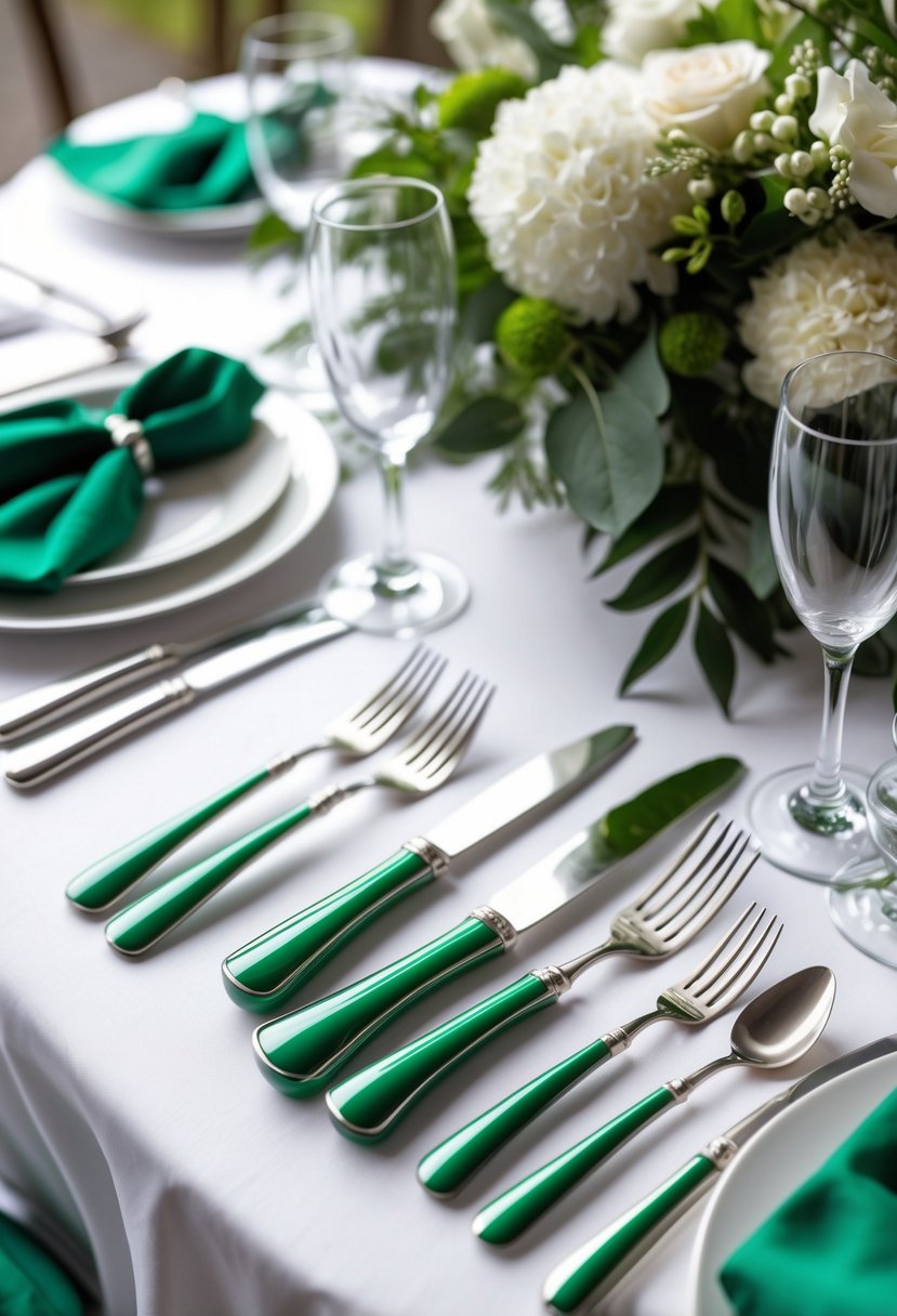 A wedding table setting with silver cutlery that has emerald green handles, white plates, and green decorative accents.
