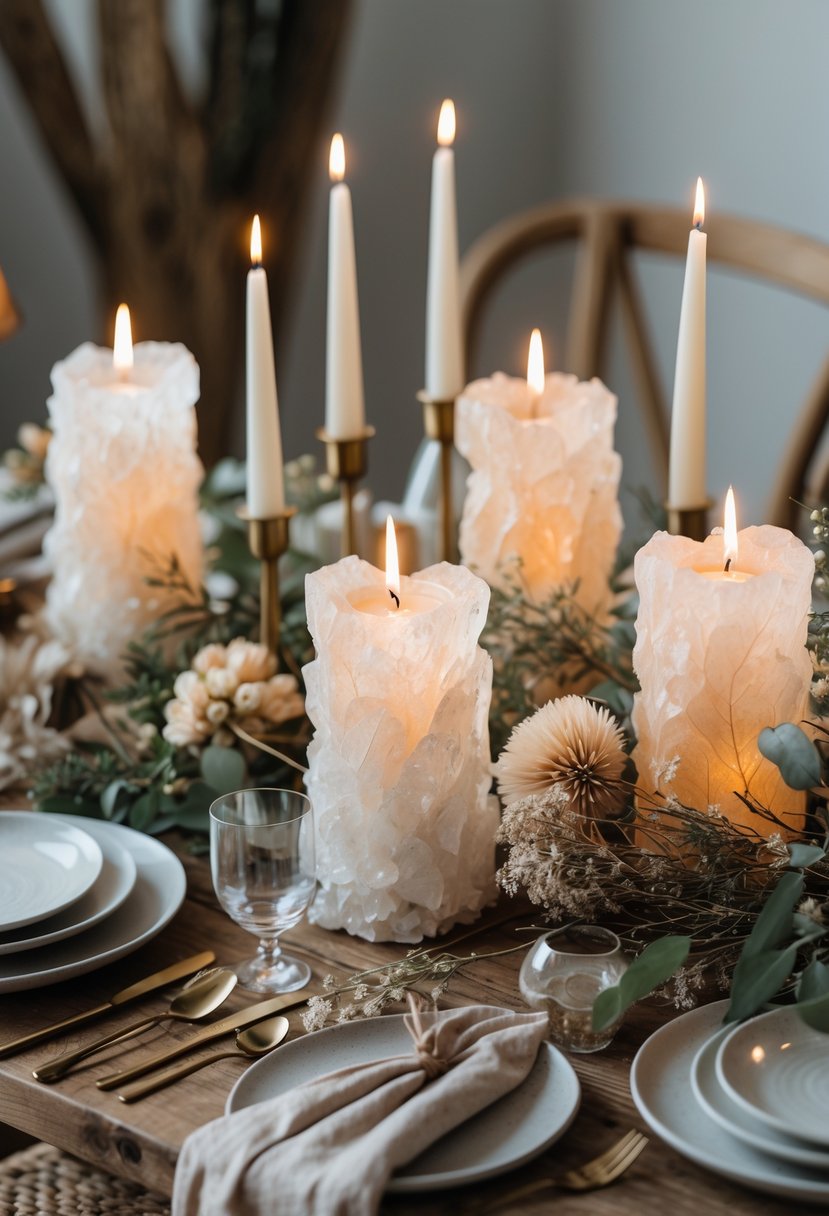 A wedding table set with glowing crystal candles, dried flowers, greenery, glassware, and plates arranged on a rustic wooden surface.
