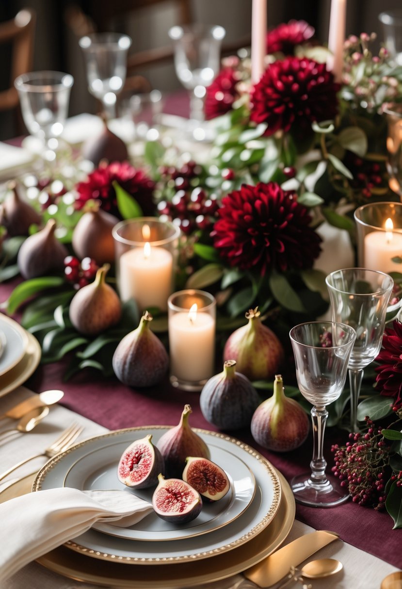 A wedding table decorated with clusters of figs and pomegranates, burgundy flowers, candles, and elegant tableware.