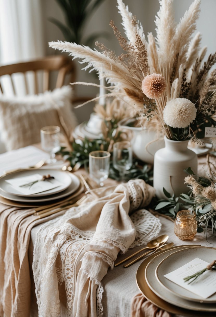 A wedding table set with layered fabrics, ceramic plates, glassware, flatware, and dried floral centerpieces creating a warm and inviting scene.