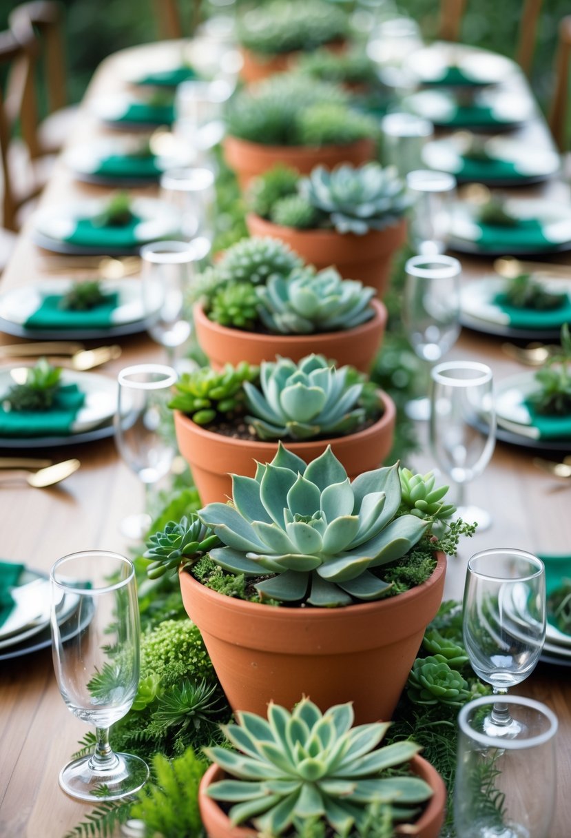 Wedding table set with terracotta pots of succulents and emerald green decorations.