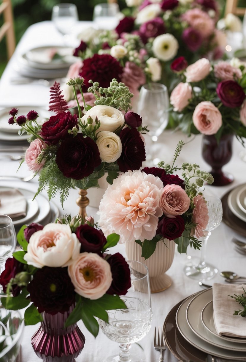 A wedding table set with 16 mixed floral arrangements in burgundy and blush colors, surrounded by elegant tableware and soft lighting.