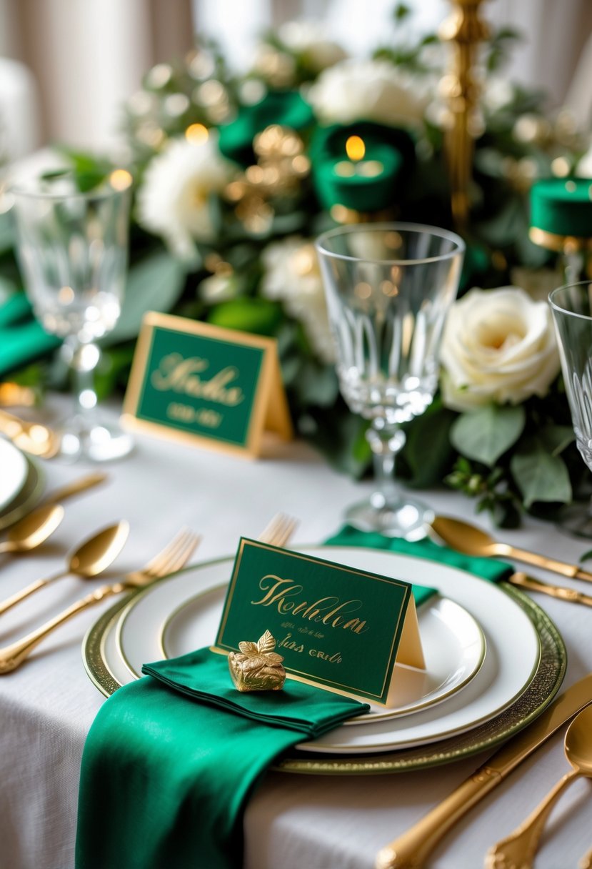 A wedding table set with emerald green and gold place cards, gold cutlery, and crystal glassware.