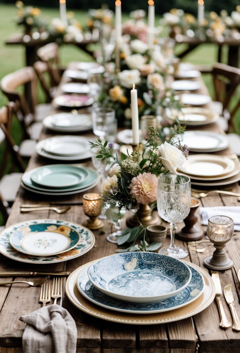 A wedding table set outdoors with mismatched plates, bowls, glassware, flowers, and candles arranged on a wooden table.