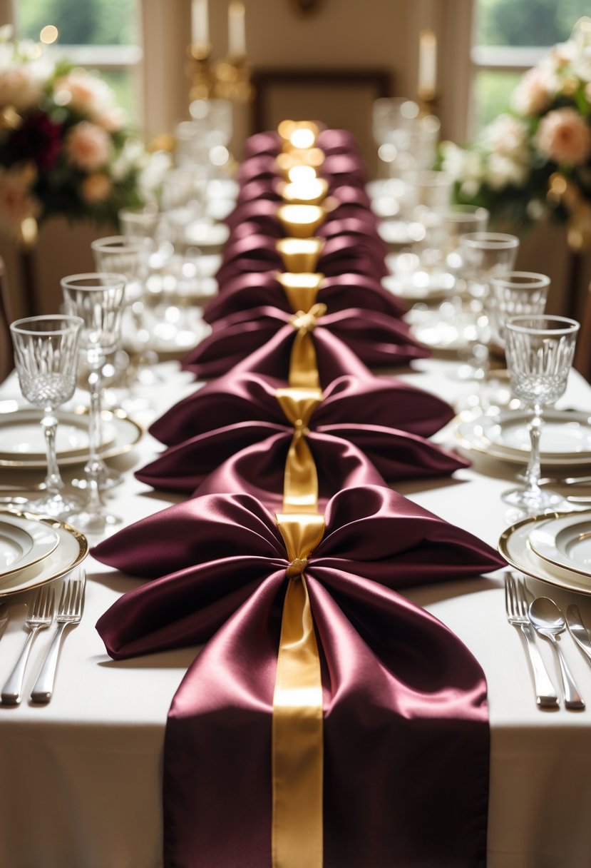 A wedding table set with sixteen burgundy silk napkins tied with gold ribbons, surrounded by plates, glasses, and silverware.