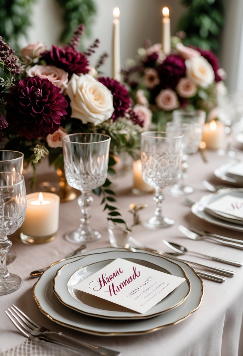 A wedding table set with sixteen elegant place cards featuring burgundy calligraphy, surrounded by floral arrangements, candles, and fine dining settings.