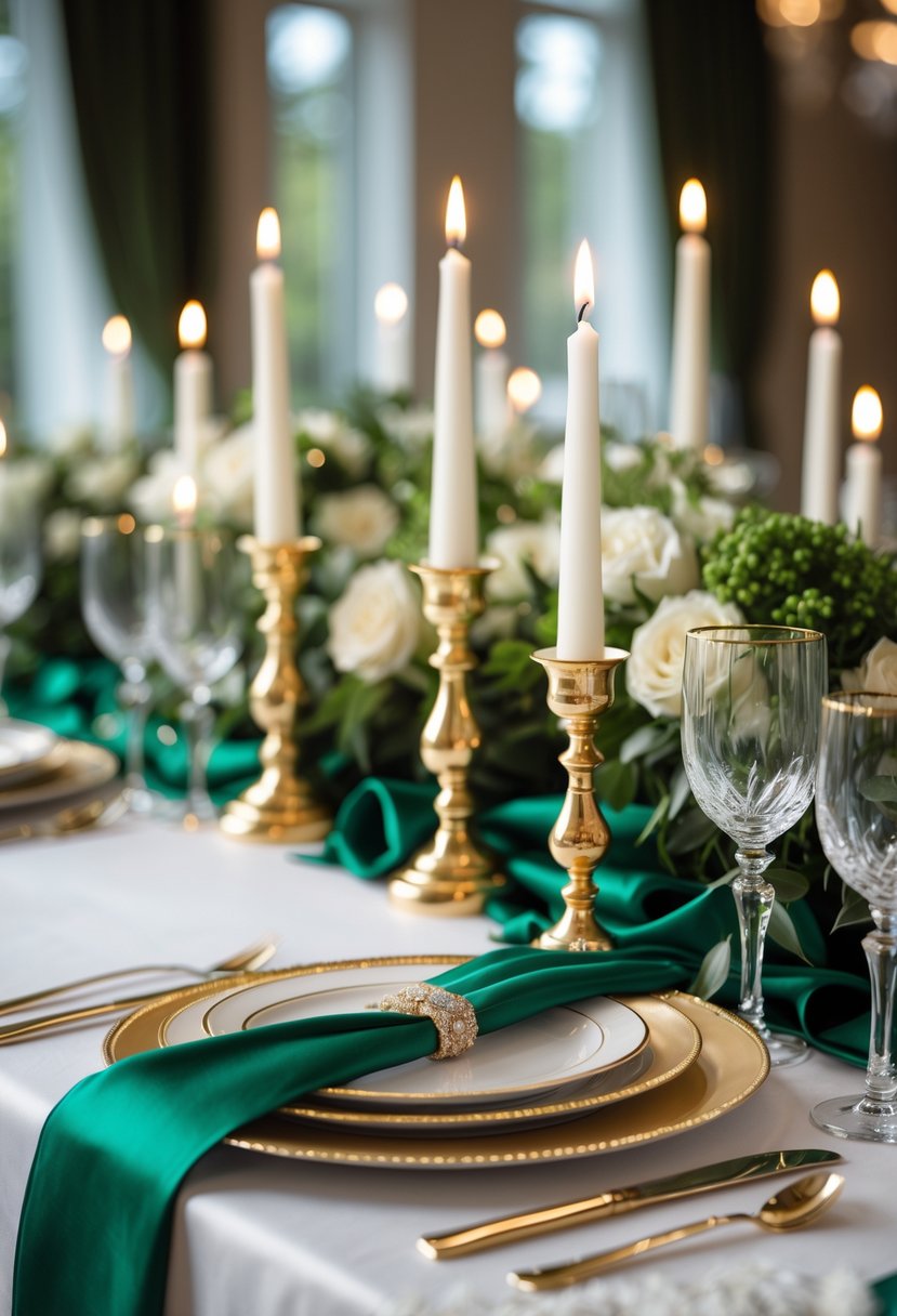 A wedding table set with white and gold taper candles surrounded by emerald green decorations and elegant tableware.