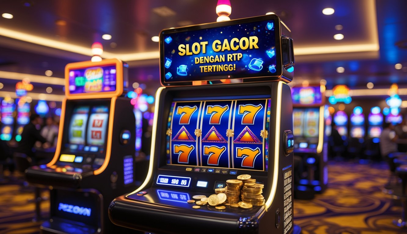 Mesin slot modern yang menyala dengan simbol kemenangan dan suasana kasino yang ramai di latar belakang.