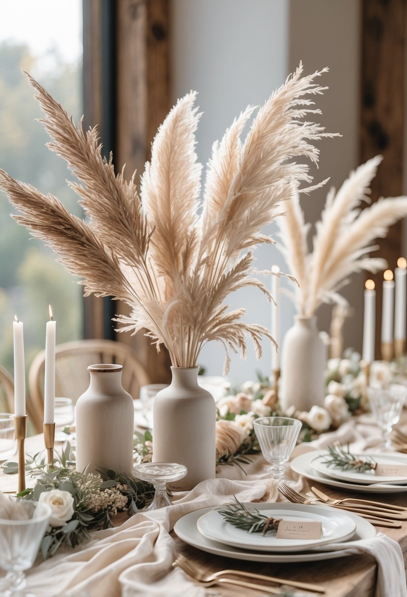 A wedding table set with pampas grass centerpieces, neutral-colored linens, candles, and simple tableware in a softly lit room.