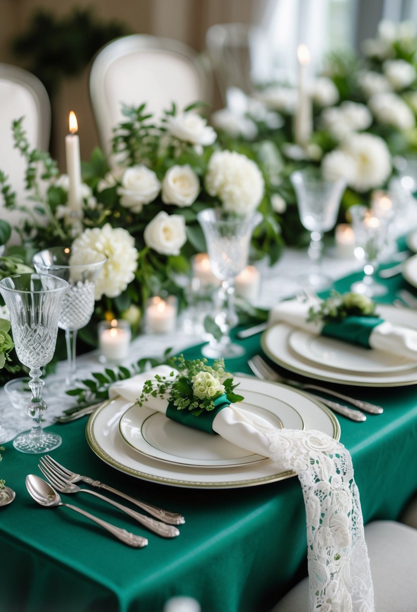 A wedding table set with an emerald green tablecloth covered by a white lace overlay, decorated with plates, glassware, flowers, and candles.
