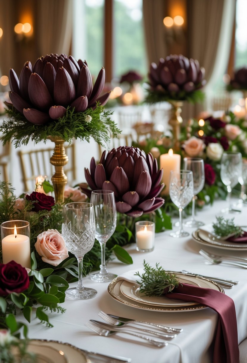 A wedding table set with burgundy artichoke centerpieces, fine dishes, glassware, and candles.