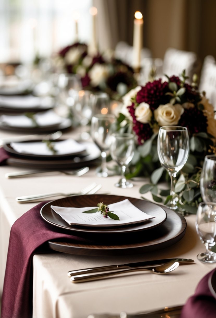 A wedding table set with dark wood charger plates and burgundy linens, including napkins and tablecloths, arranged with silverware, glassware, and floral centerpieces.