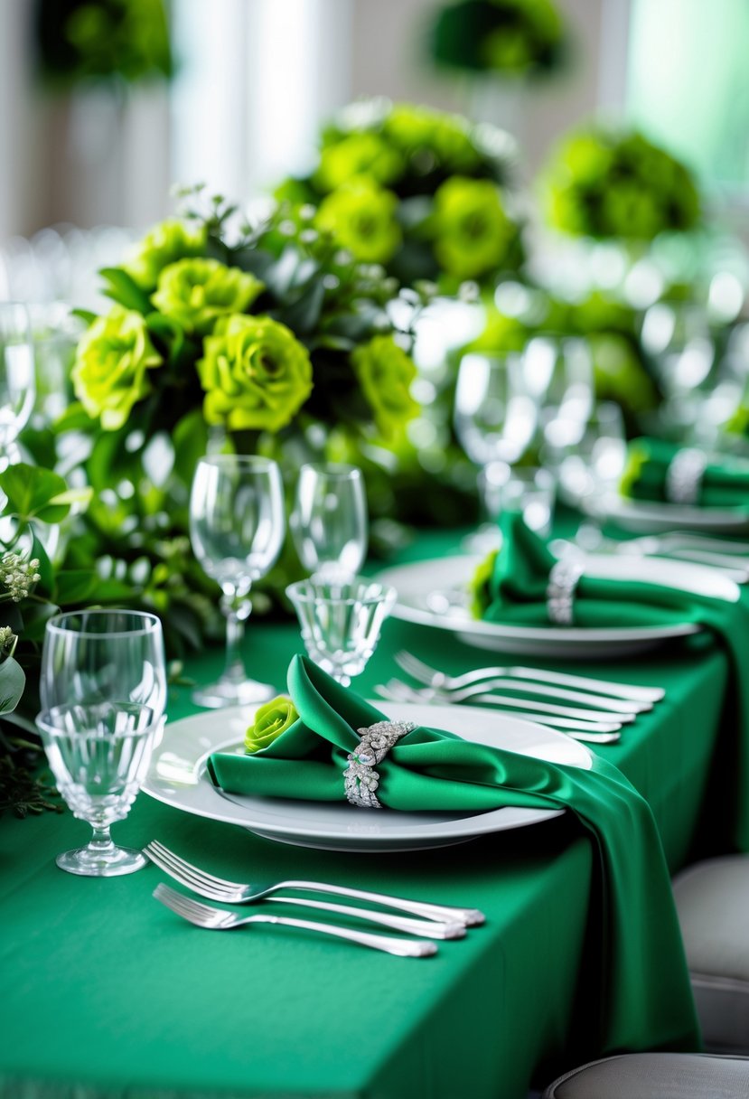 A wedding table set with lime green flowers and emerald green decorations including tablecloths, napkins, plates, and glassware.