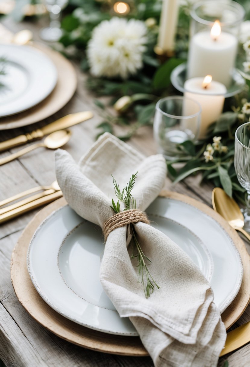 A rustic wooden table set for a wedding with two different folded linen napkins on plates, surrounded by greenery, flowers, candles, and elegant tableware.