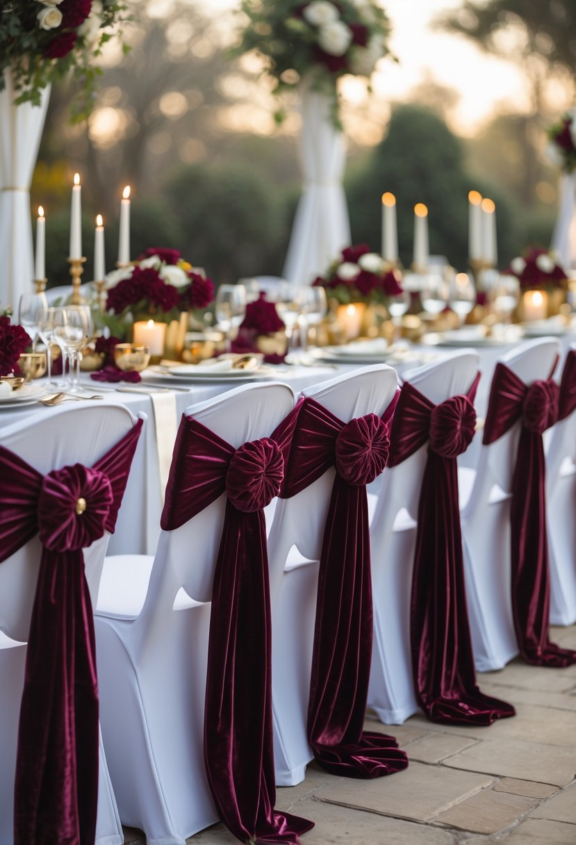 Wedding table with white chairs decorated with burgundy velvet sashes and a table set with floral centerpieces and candles.