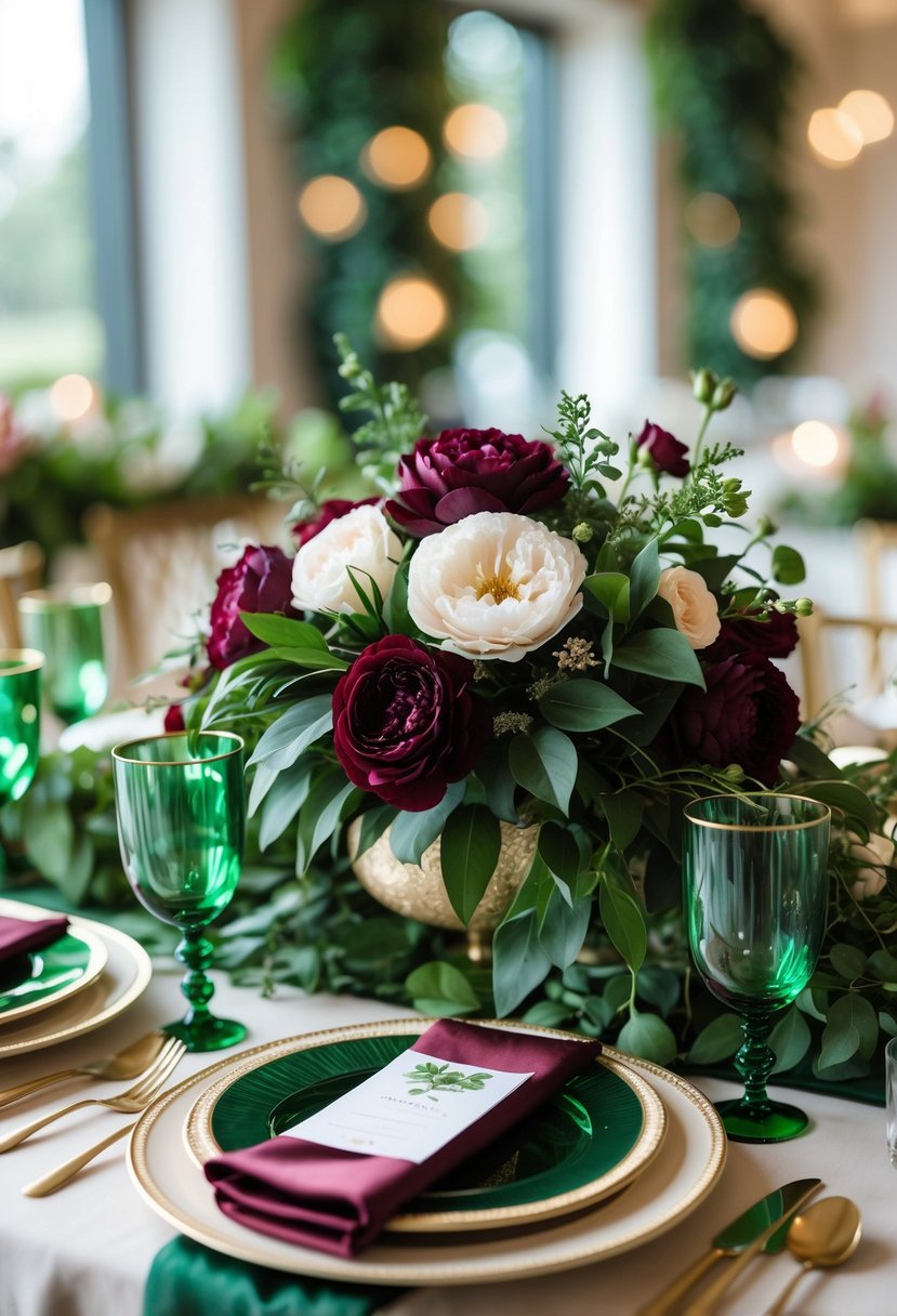 A wedding table set with burgundy and emerald green floral bouquets, green glassware, and gold accents.