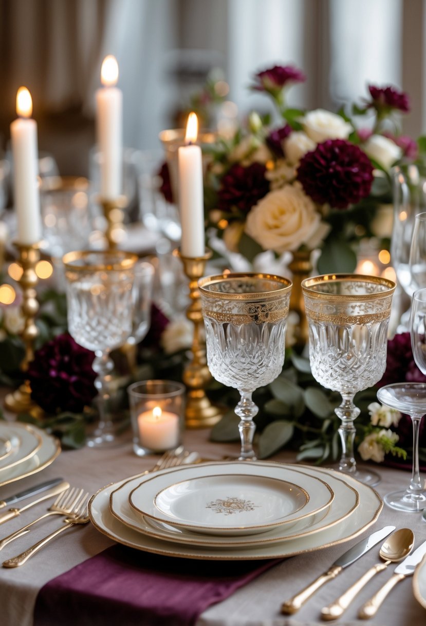 A wedding table set with crystal glassware featuring gold accents, burgundy decorations, flowers, and candles.