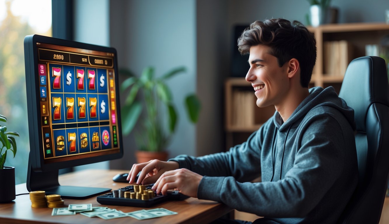 Orang muda duduk di depan komputer bermain mesin slot dengan tumpukan koin kecil di meja.