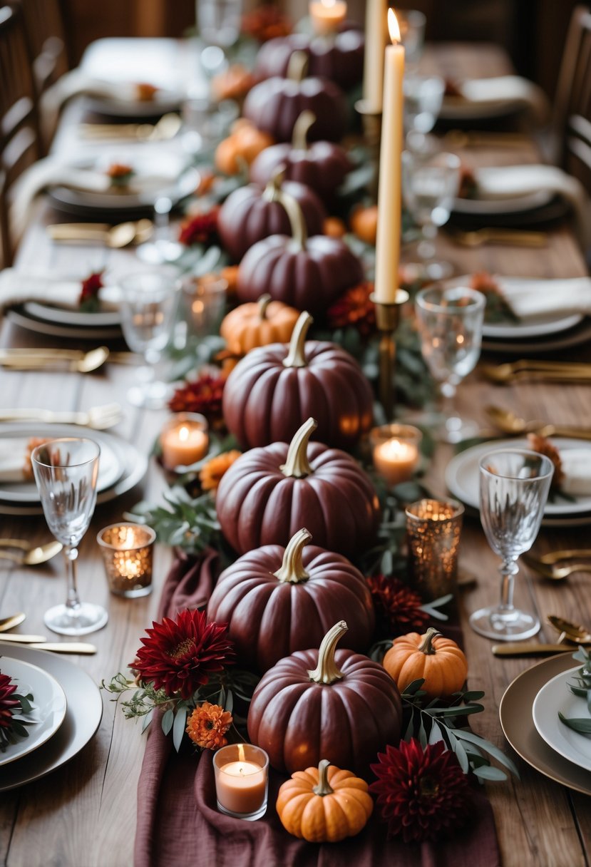 A fall wedding table decorated with 16 mini burgundy pumpkins, autumn leaves, candles, and elegant place settings.