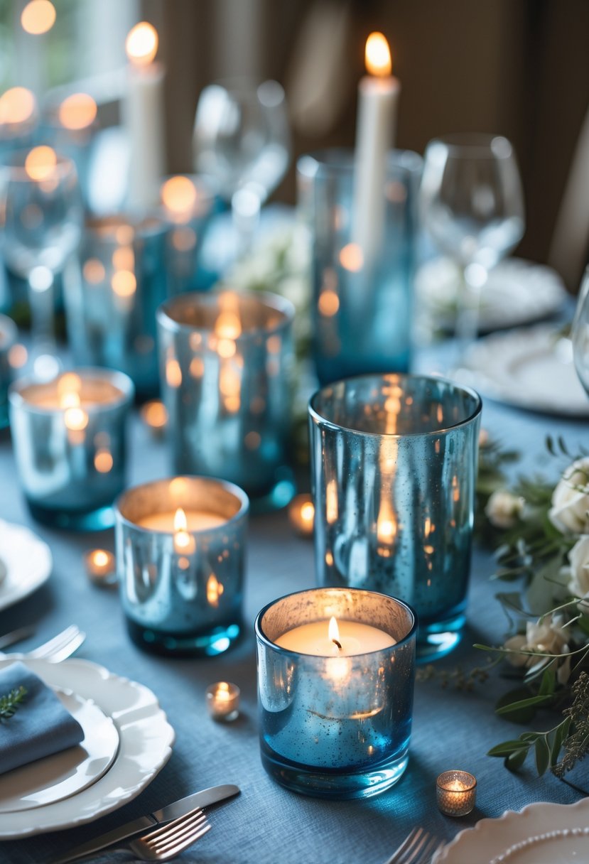 Blue mercury glass votive candle holders on a dusty blue table setting with soft candlelight.