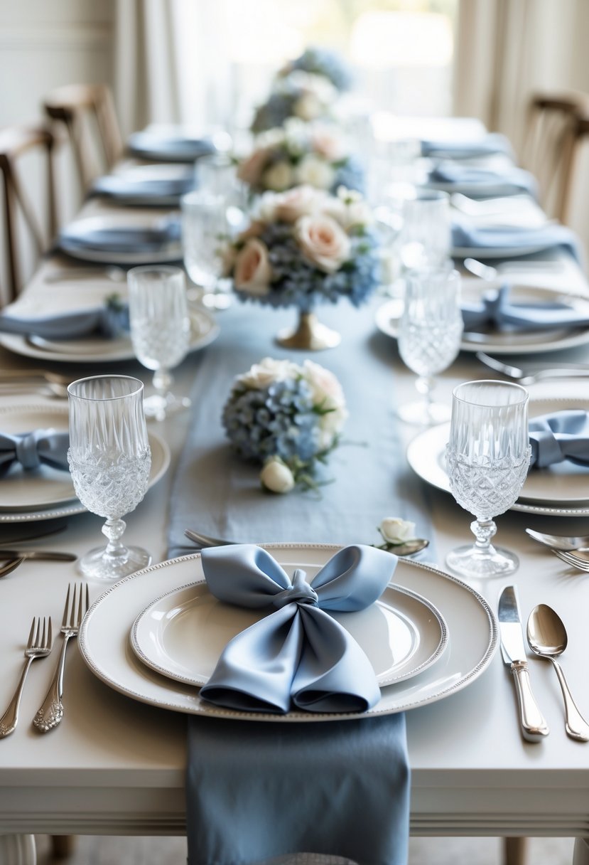 A wedding table set with white plates, silver cutlery, crystal glasses, and napkins tied with dusty blue ribbons, decorated with floral centerpieces.