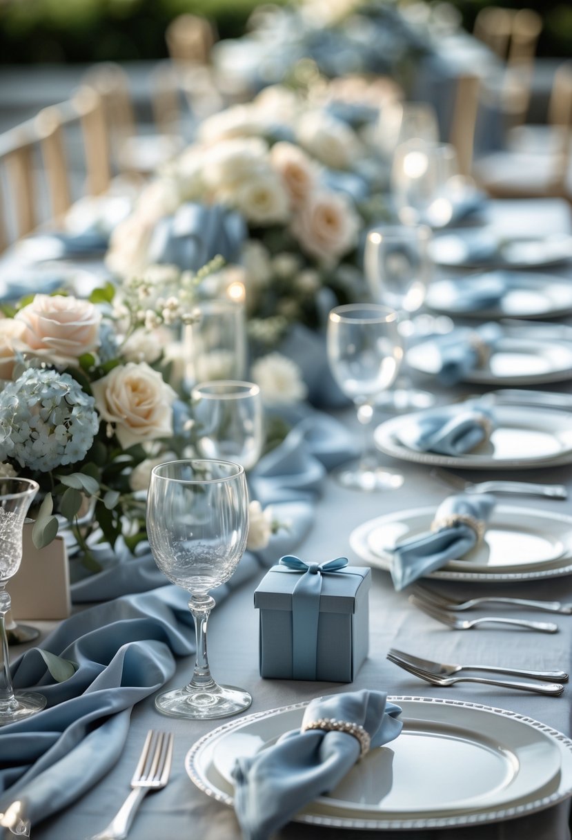 A wedding reception table set for 15 with small dusty blue favor boxes at each place setting, surrounded by elegant tableware and floral decorations.